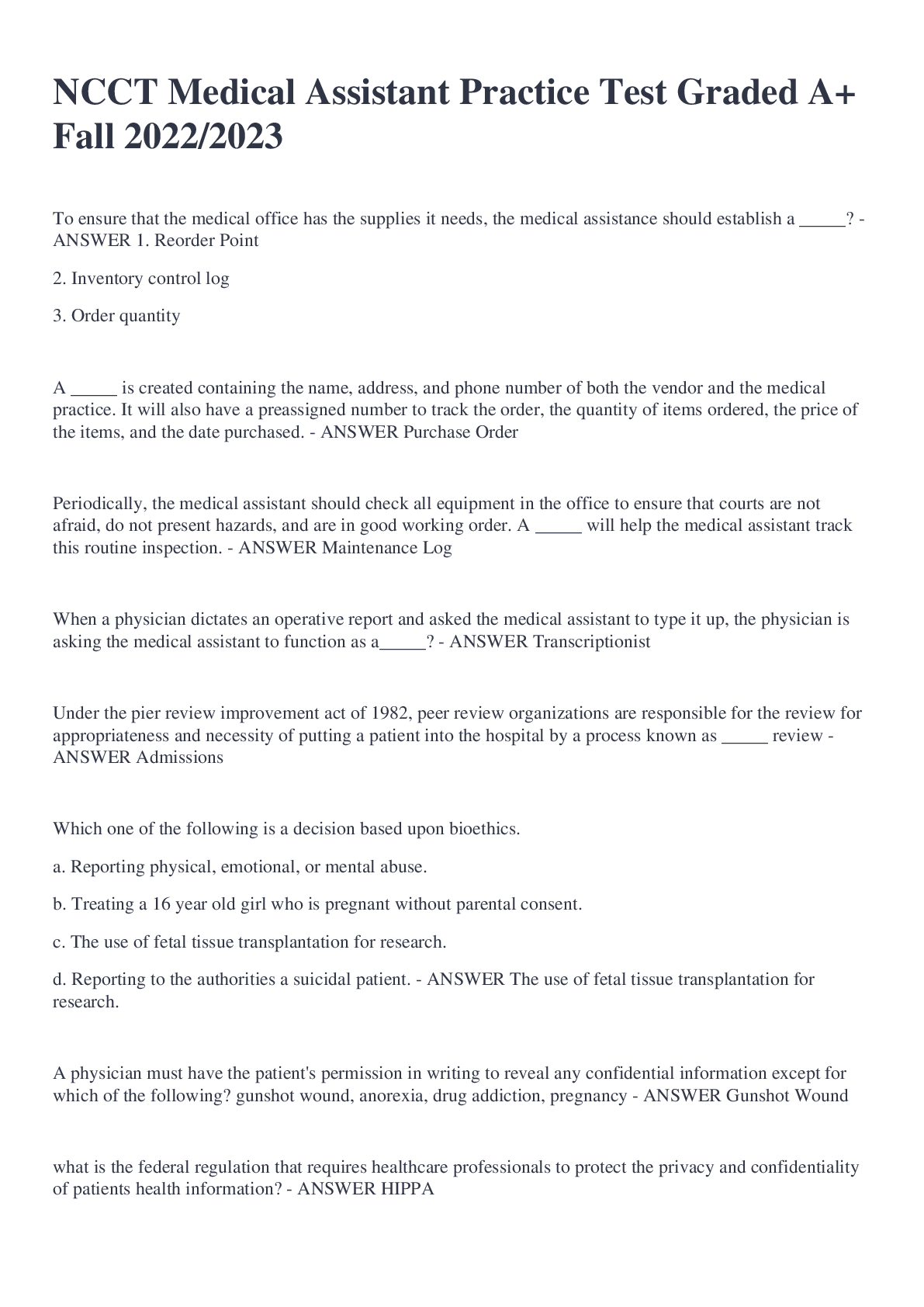 Preview image of NCCT Medical Assistant Practice Test Graded A+ Fall 2022/2023 document